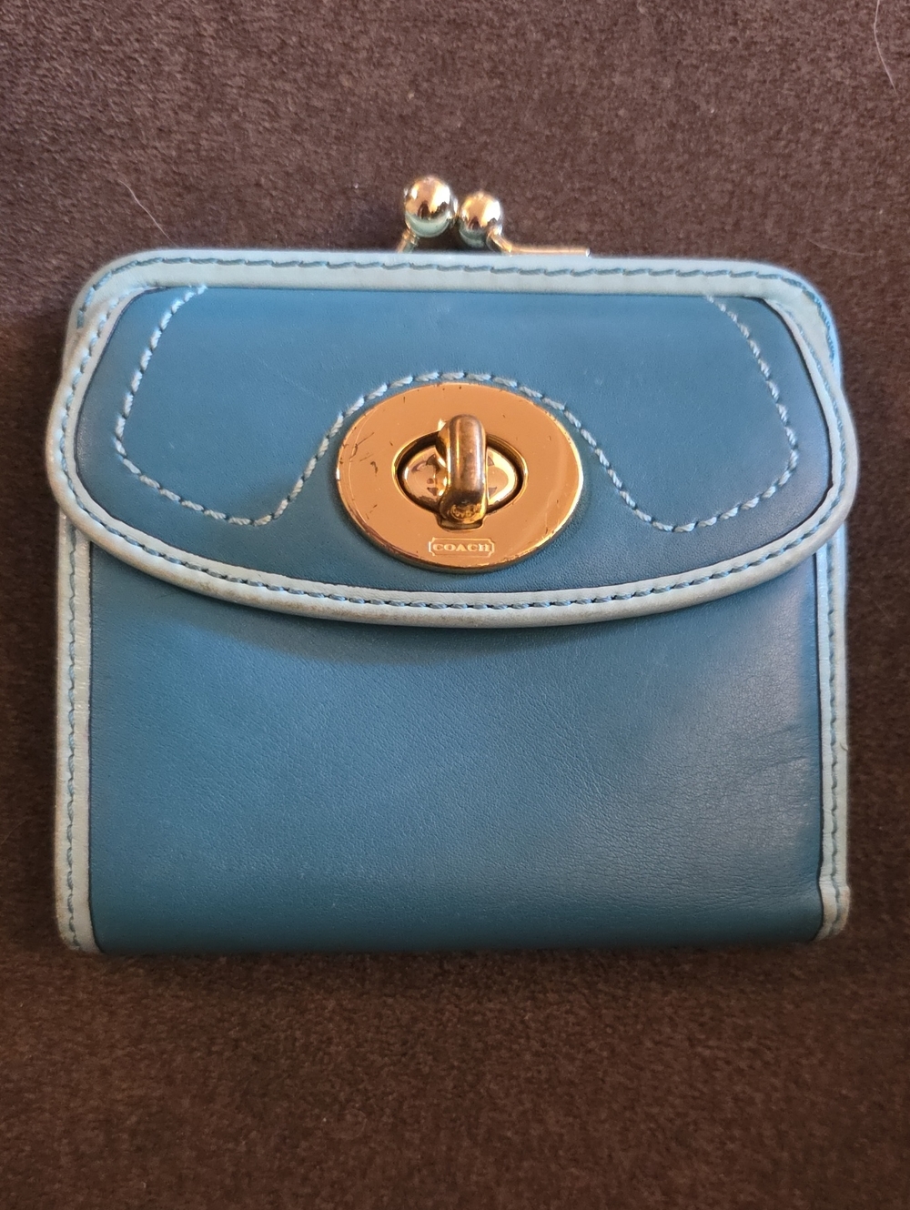 Coach Teal Blue Leather Turnlock Wallet with Gold Hardware